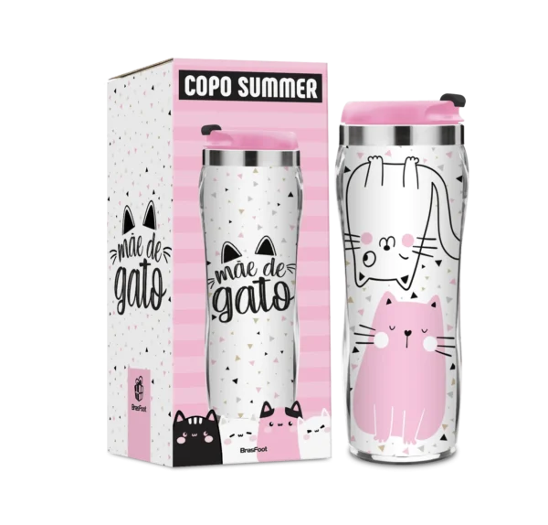 Copo Térmico Inox 350 ml “Mãe de Gato” Tampa Abre-Fecha