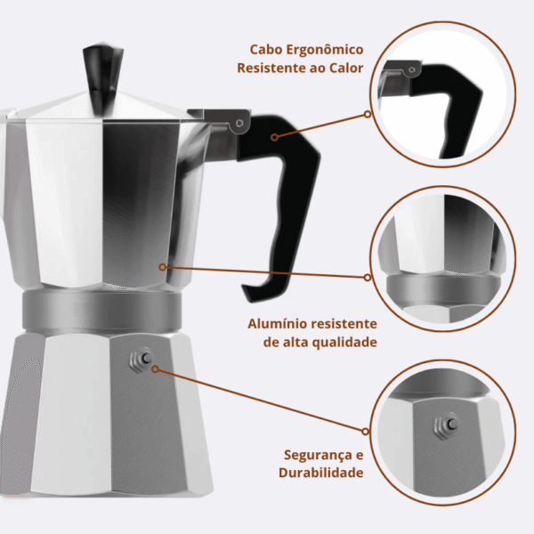 Cafeteira Italiana Lyor 6 Xícaras 250 ml Alumínio Resistente Cabo Antitérmico - Imagem 6