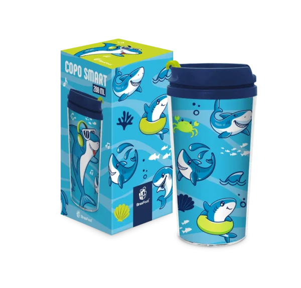 Copo Smart 200 ml “Tubarão” Tampa Abre-Fecha Azul