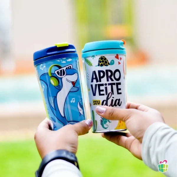 Copo Smart 200 ml “Tubarão” Tampa Abre-Fecha Azul - Imagem 3