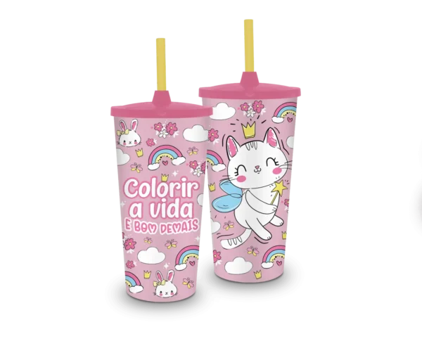 Copo Plástico 500 ml c/ Canudo “Colorir a Vida” Rosa