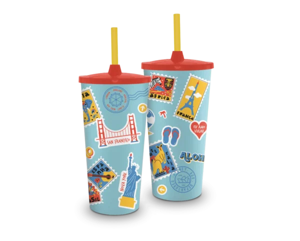Copo Plástico 500 ml c/ Canudo “Viagens” Tampa Rosqueável