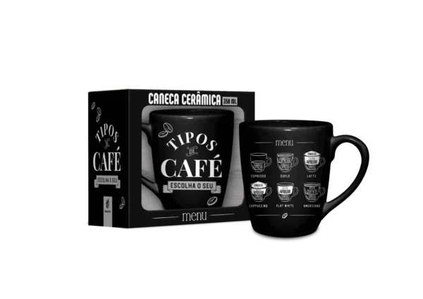 Caneca Cerâmica Prime 350 ml Tipos de Café Preta