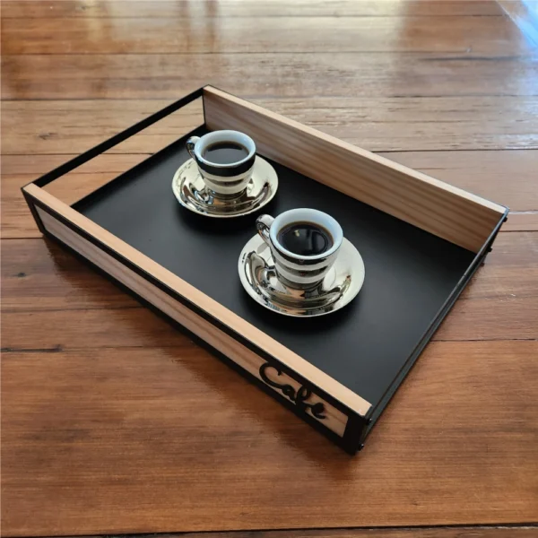 Bandeja Decorativa Café Aço e Pinus 38 cm – Coleção Bistrô