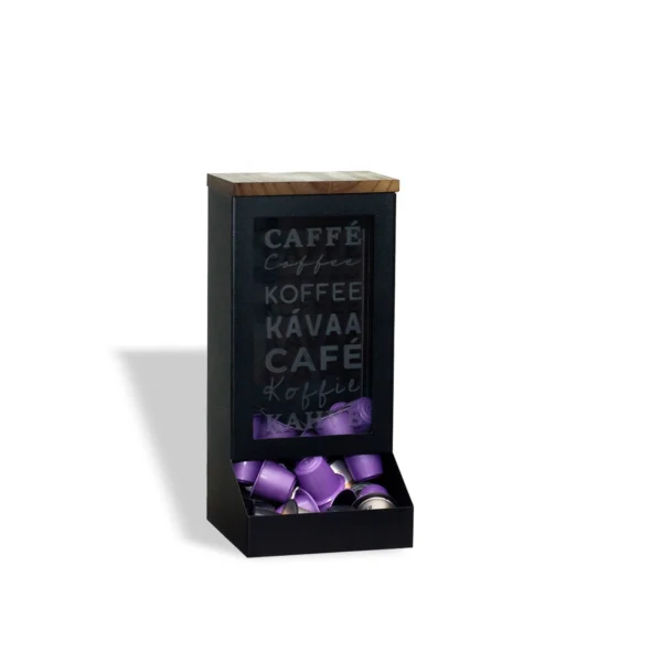 Porta Cápsulas Torre Café Idiomas 27 cm Aço & Madeira