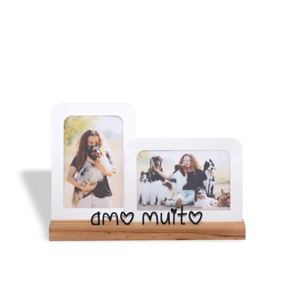 Porta-Retrato Duplo "Amo Muito" 10 x 15 cm Aço & Nogueira