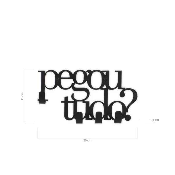 Porta Chaves “Pegou Tudo?” Aço Preto Fosco 4 Ganchos Parede - Imagem 4