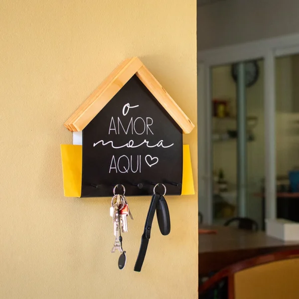 Porta-Chaves 24,5 cm – O Amor Mora Aqui, 5 Ganchos