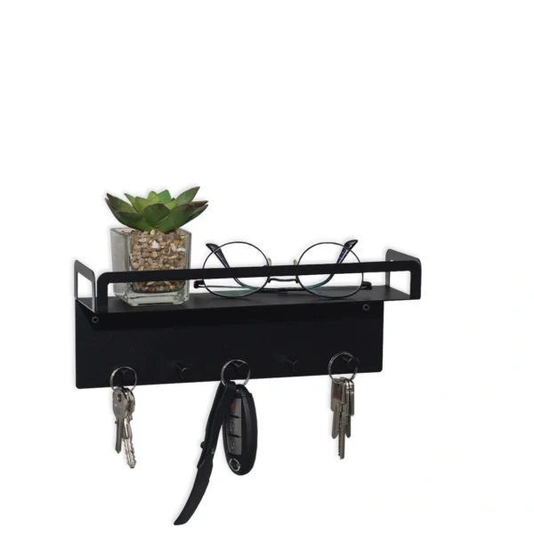 Porta Chaves Prateleira 26 cm Preto Rugoso 5 Ganchos - Imagem 3
