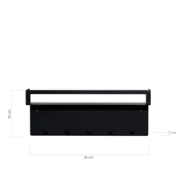Porta Chaves Prateleira 26 cm Preto Rugoso 5 Ganchos